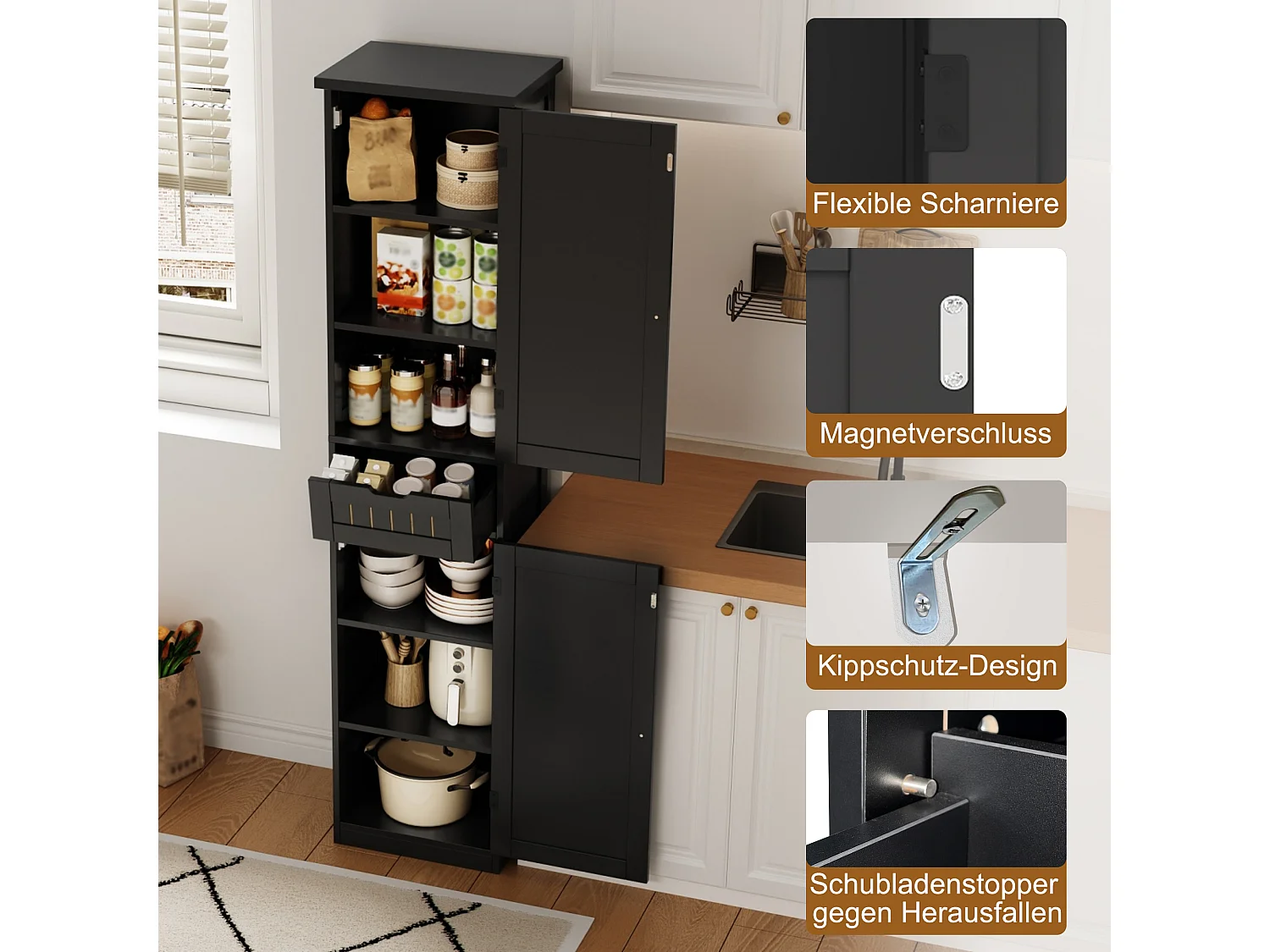 Colonne de rangement avec 2 portes, 1 tiroir et 4 étagères réglables, buffet de cuisine - 40 x 30 x 170 cm - MDF - Noir