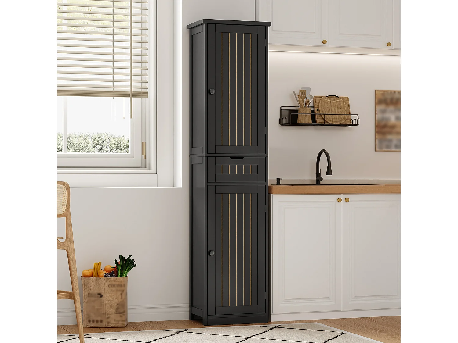 Colonne de rangement avec 2 portes, 1 tiroir et 4 étagères réglables, buffet de cuisine - 40 x 30 x 170 cm - MDF - Noir