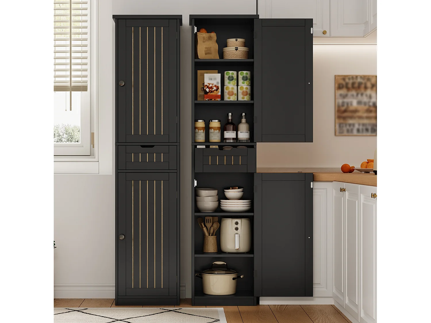 Colonne de rangement avec 2 portes, 1 tiroir et 4 étagères réglables, buffet de cuisine - 40 x 30 x 170 cm - MDF - Noir