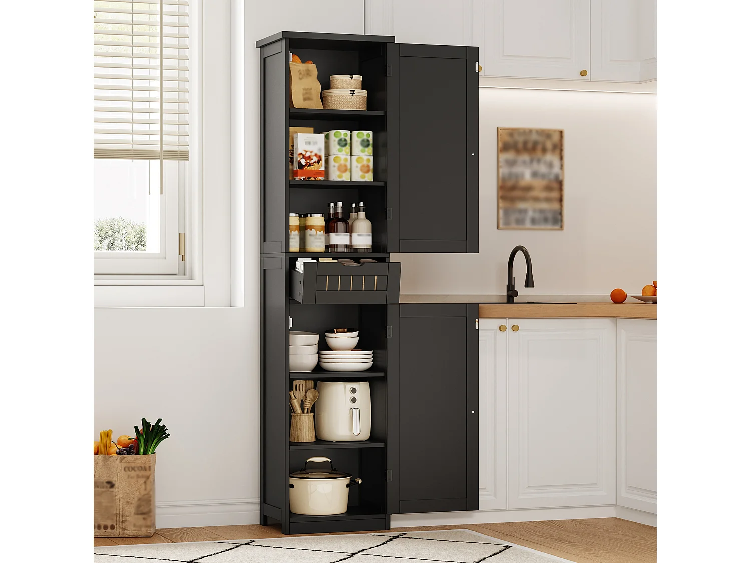 Colonne de rangement avec 2 portes, 1 tiroir et 4 étagères réglables, buffet de cuisine - 40 x 30 x 170 cm - MDF - Noir