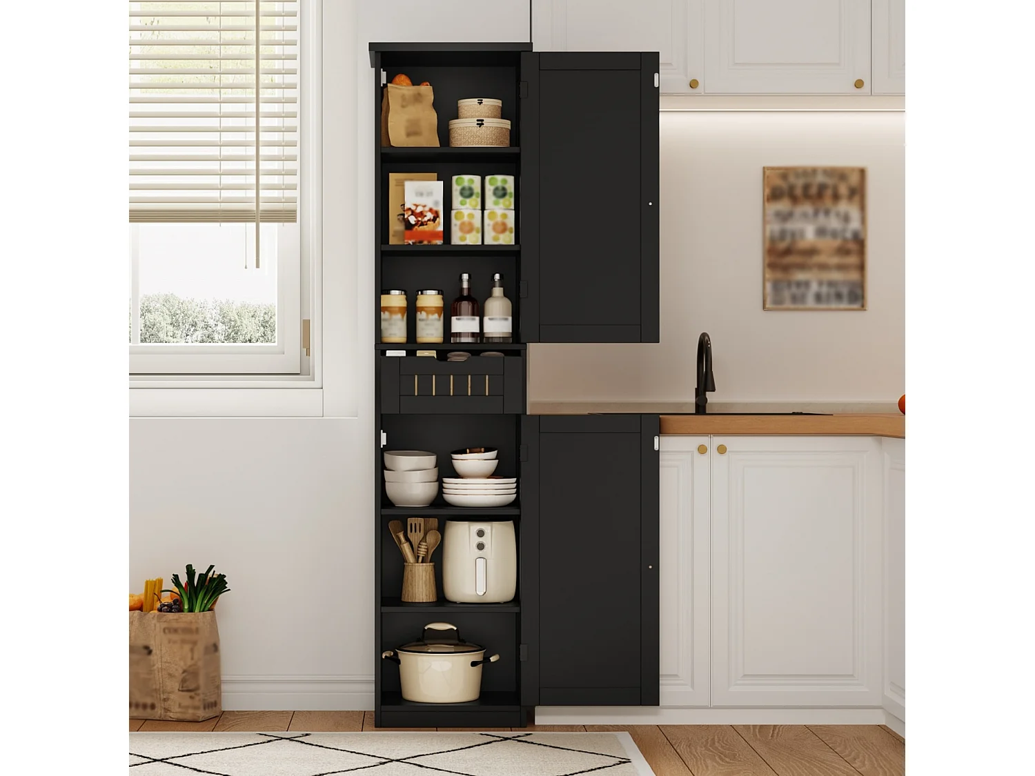 Colonne de rangement avec 2 portes, 1 tiroir et 4 étagères réglables, buffet de cuisine - 40 x 30 x 170 cm - MDF - Noir