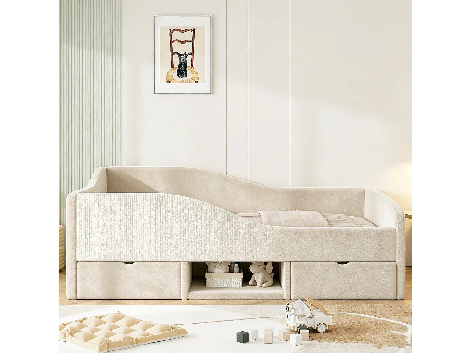 Børneseng polstret 90x190 cm - med 2 skuffer - med sikkerhedsgitre - velourstof - beige (madras ikke inkluderet)