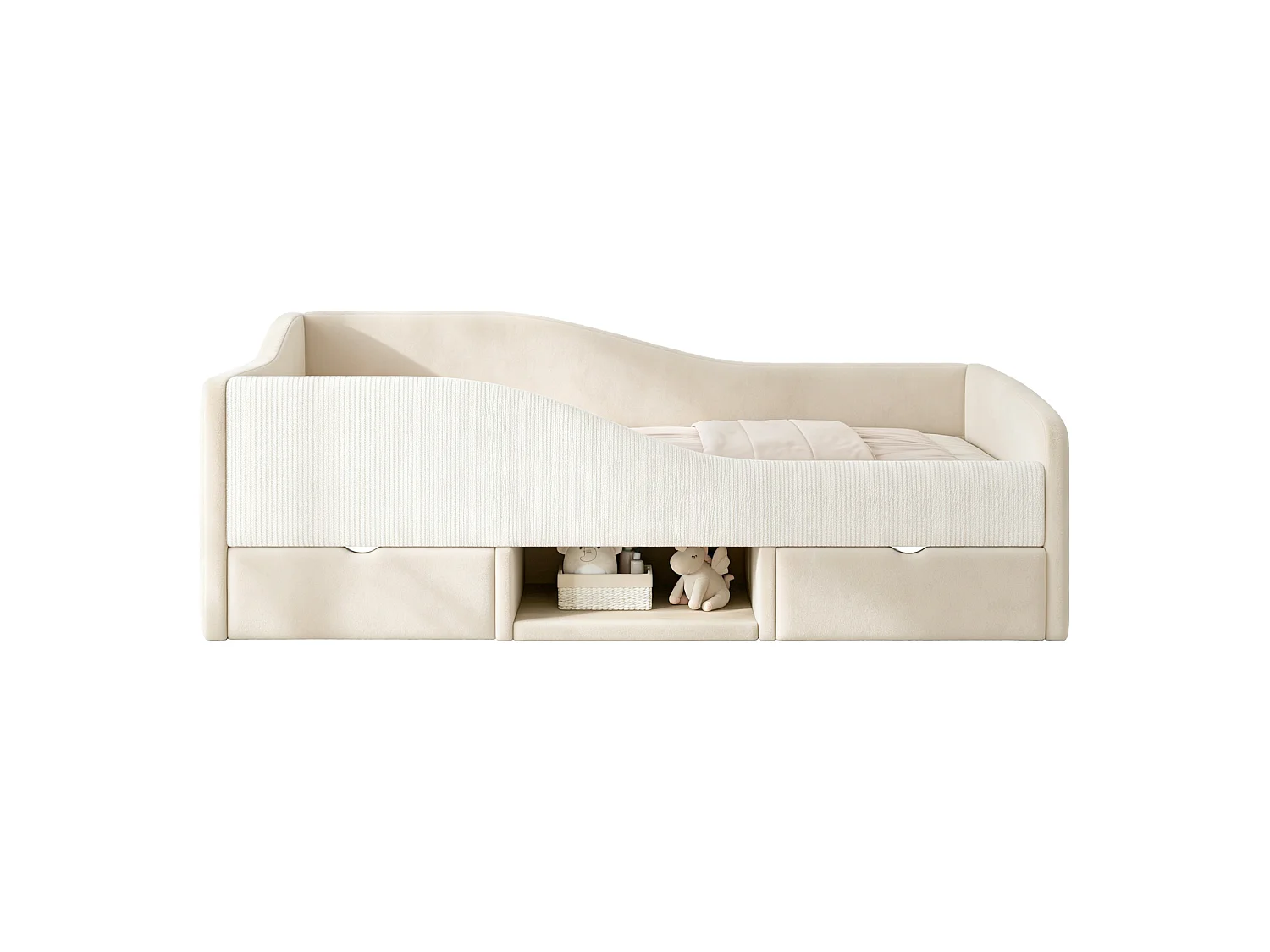Børneseng polstret 90x190 cm - med 2 skuffer - med sikkerhedsgitre - velourstof - beige (madras ikke inkluderet)