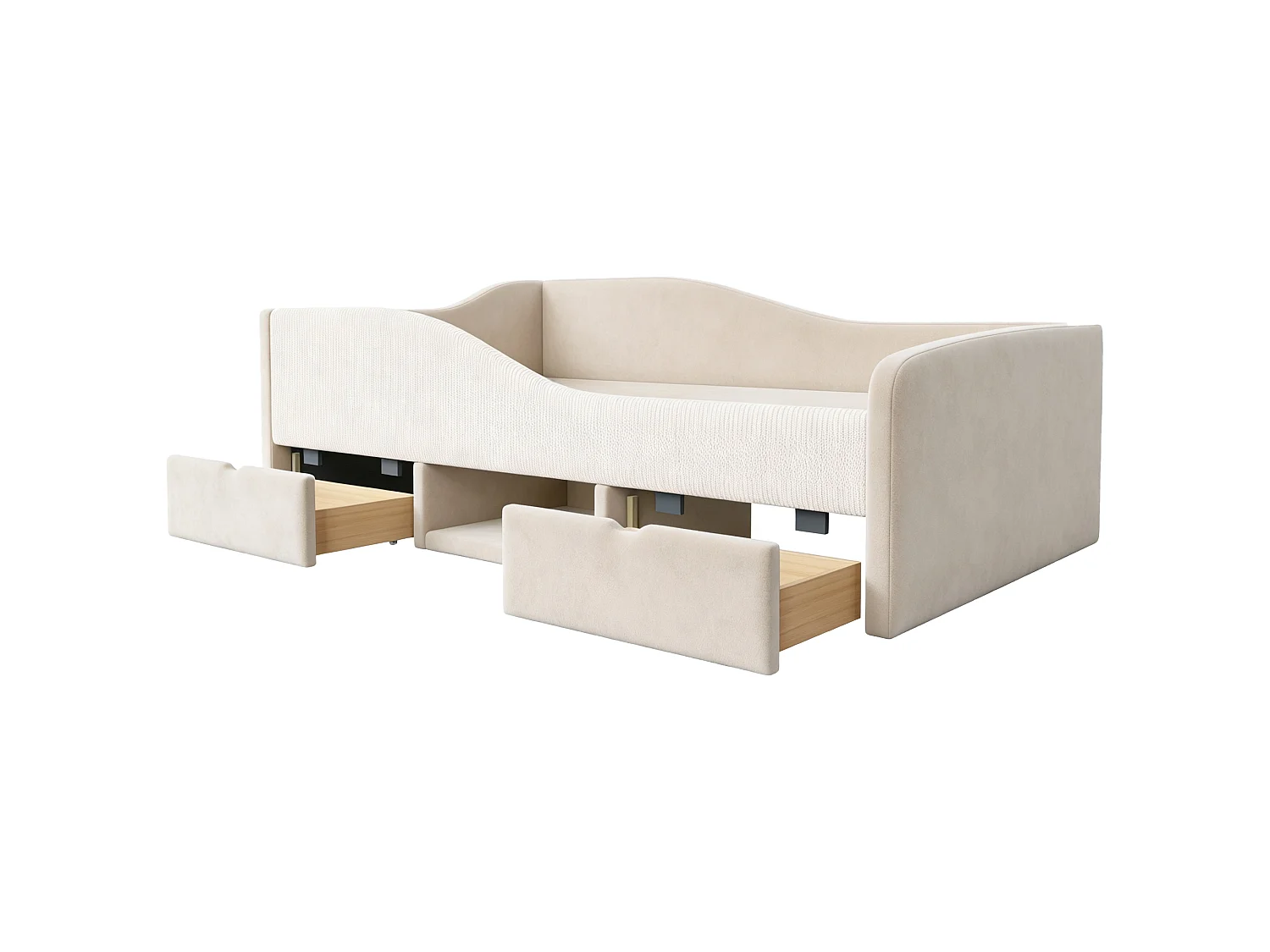 Børneseng polstret 90x190 cm - med 2 skuffer - med sikkerhedsgitre - velourstof - beige (madras ikke inkluderet)