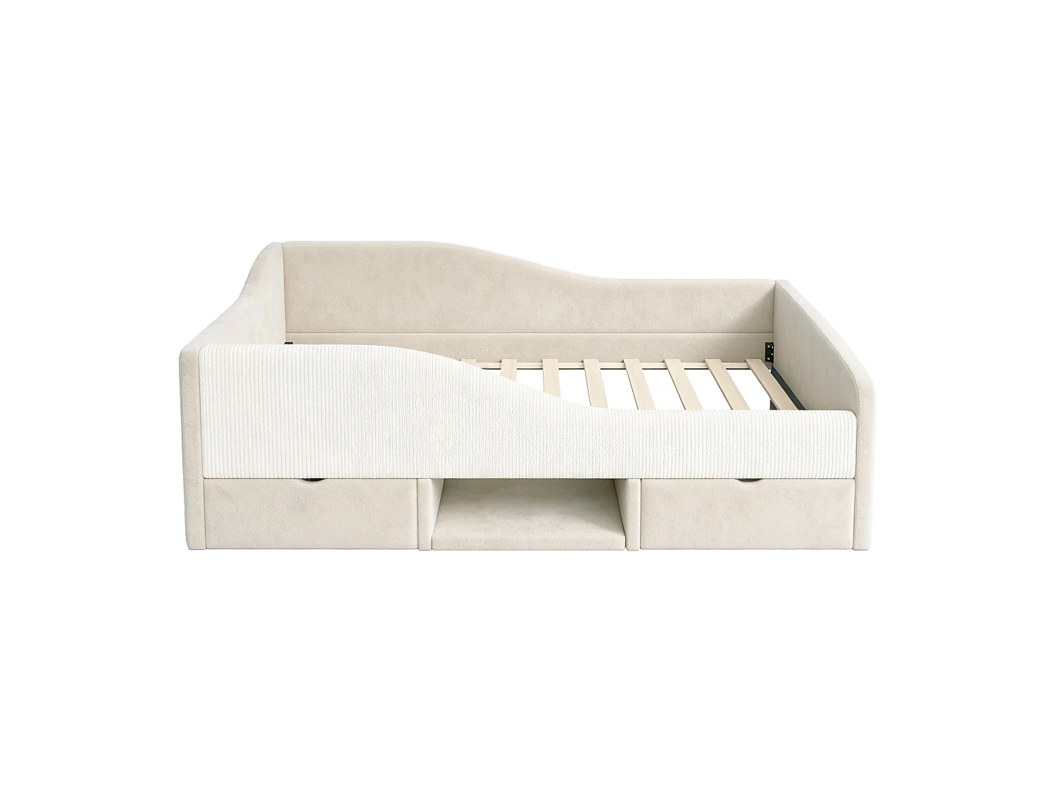 Børneseng polstret 90x190 cm - med 2 skuffer - med sikkerhedsgitre - velourstof - beige (madras ikke inkluderet)