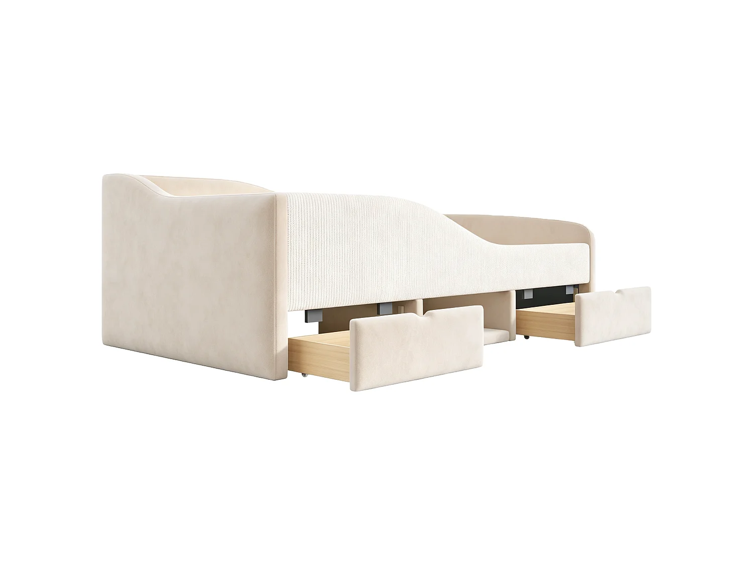 Børneseng polstret 90x190 cm - med 2 skuffer - med sikkerhedsgitre - velourstof - beige (madras ikke inkluderet)