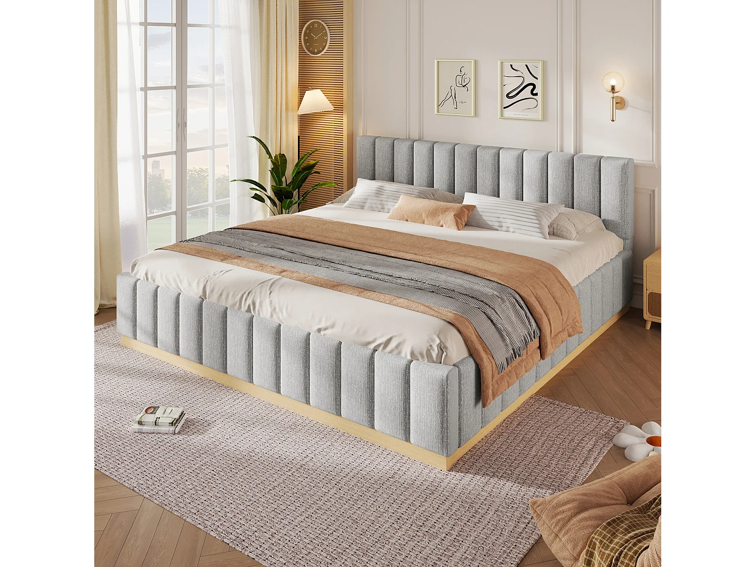 Lit double capitonné 180 x 200 cm - sommier à lattes - avec tête de lit - gris (matelas non inclus)