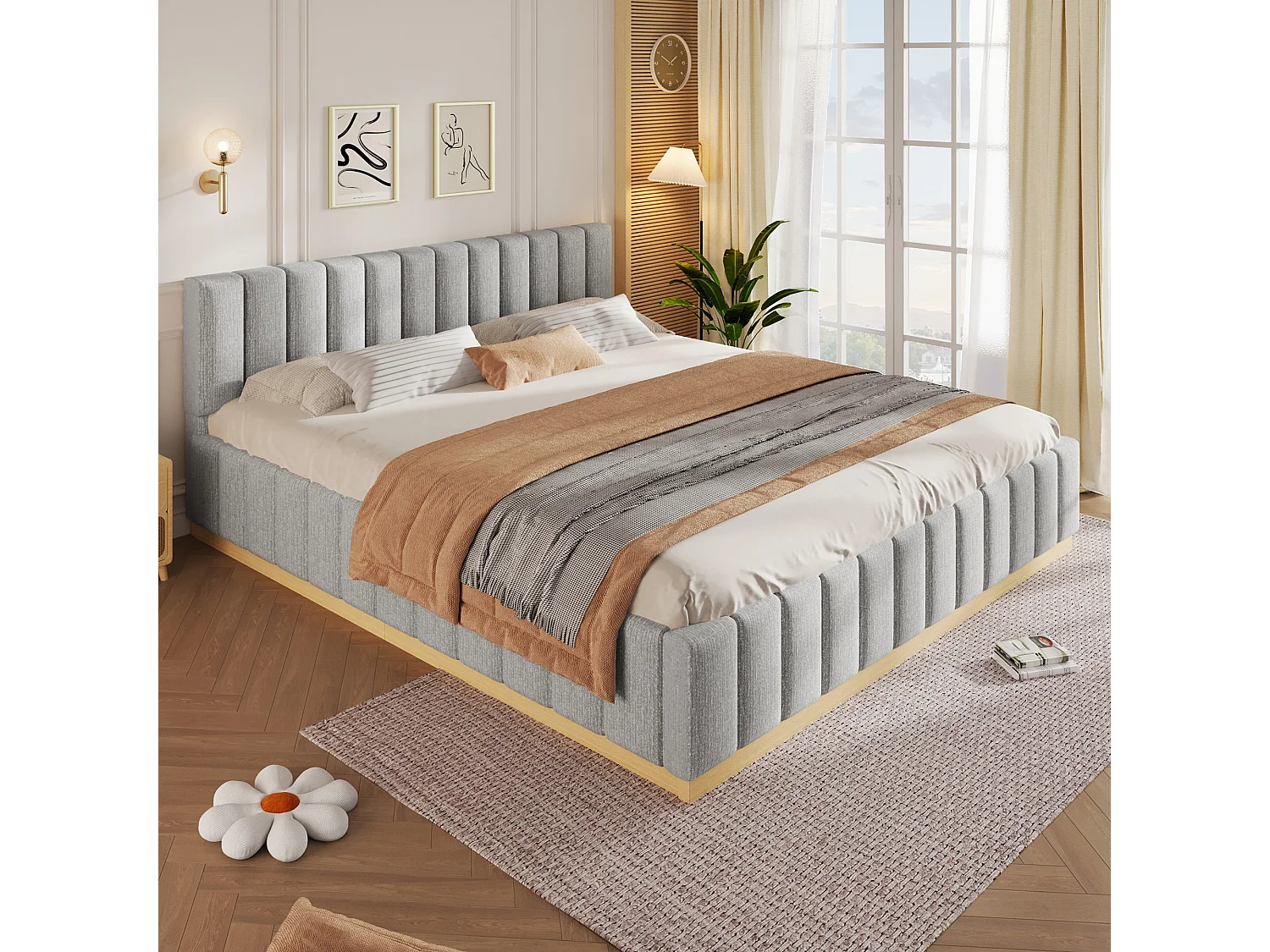 Lit double capitonné 180 x 200 cm - sommier à lattes - avec tête de lit - gris (matelas non inclus)