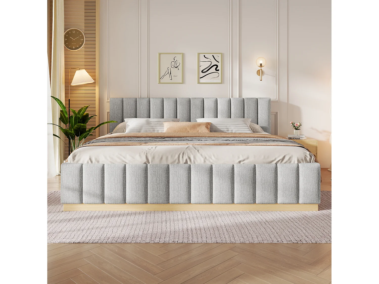 Lit double capitonné 180 x 200 cm - sommier à lattes - avec tête de lit - gris (matelas non inclus)