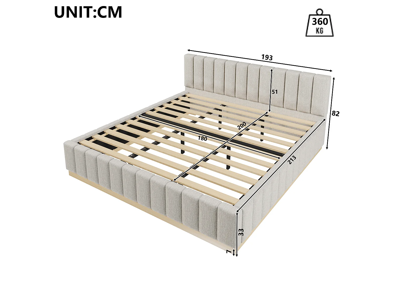 Lit double capitonné 180 x 200 cm - sommier à lattes - avec tête de lit - gris (matelas non inclus)