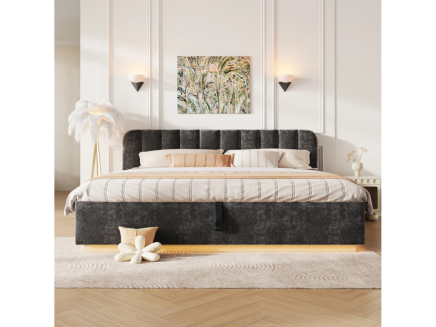 Gepolstertes Stauraumbett 180 x 200 cm - mit gepolsterter Kopfteil - mit LED-Lichtband - grau (Matratze nicht enthalten)