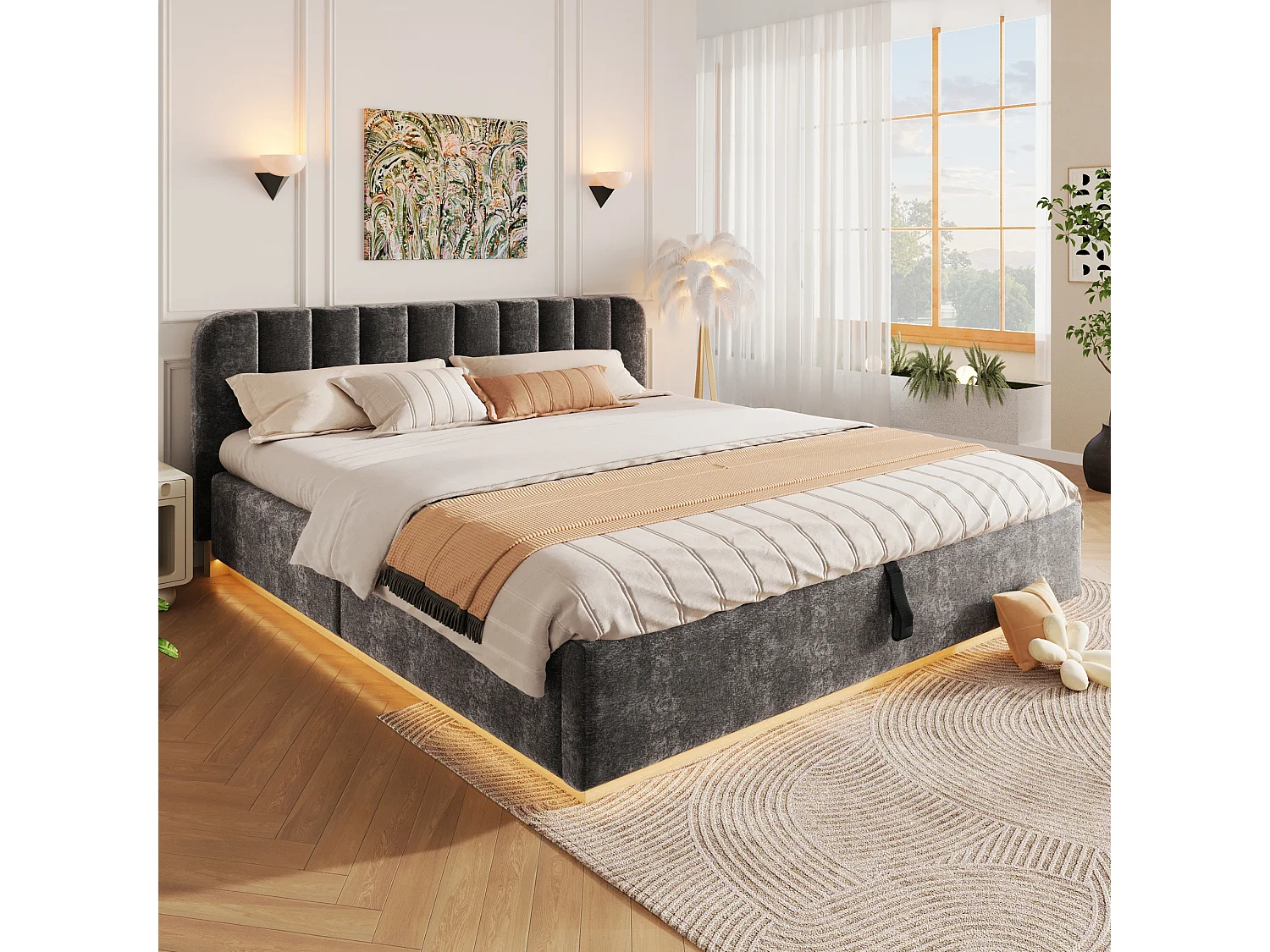 Gepolstertes Stauraumbett 180 x 200 cm - mit gepolsterter Kopfteil - mit LED-Lichtband - grau (Matratze nicht enthalten)