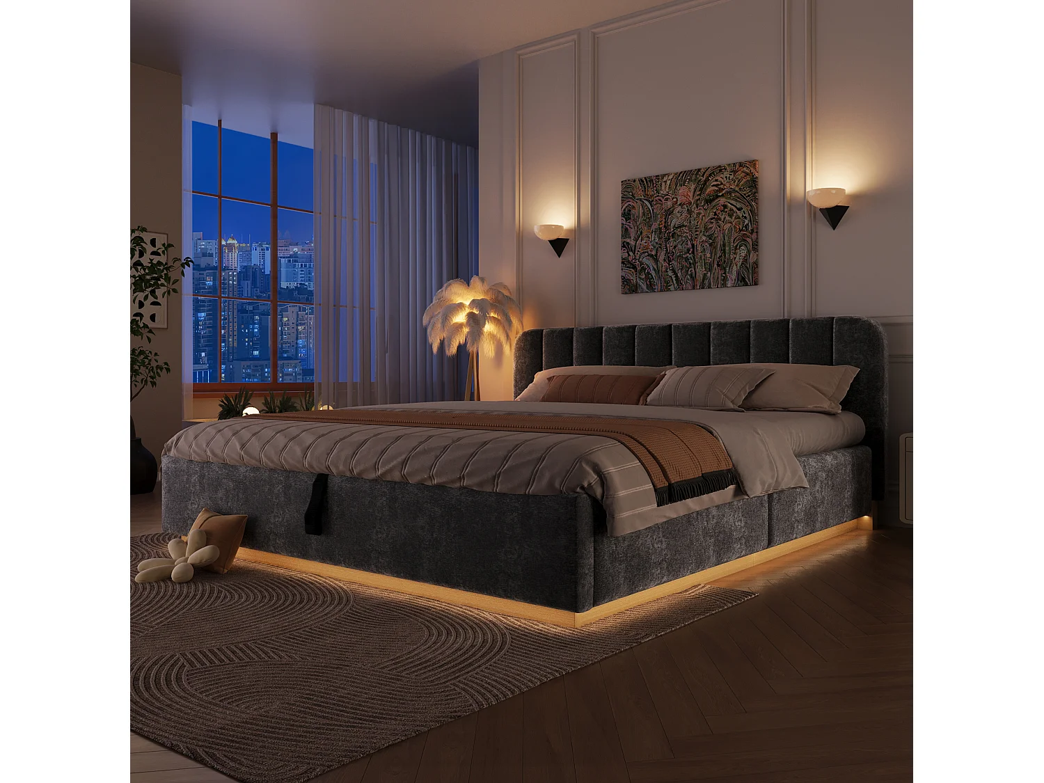 Gepolstertes Stauraumbett 180 x 200 cm - mit gepolsterter Kopfteil - mit LED-Lichtband - grau (Matratze nicht enthalten)