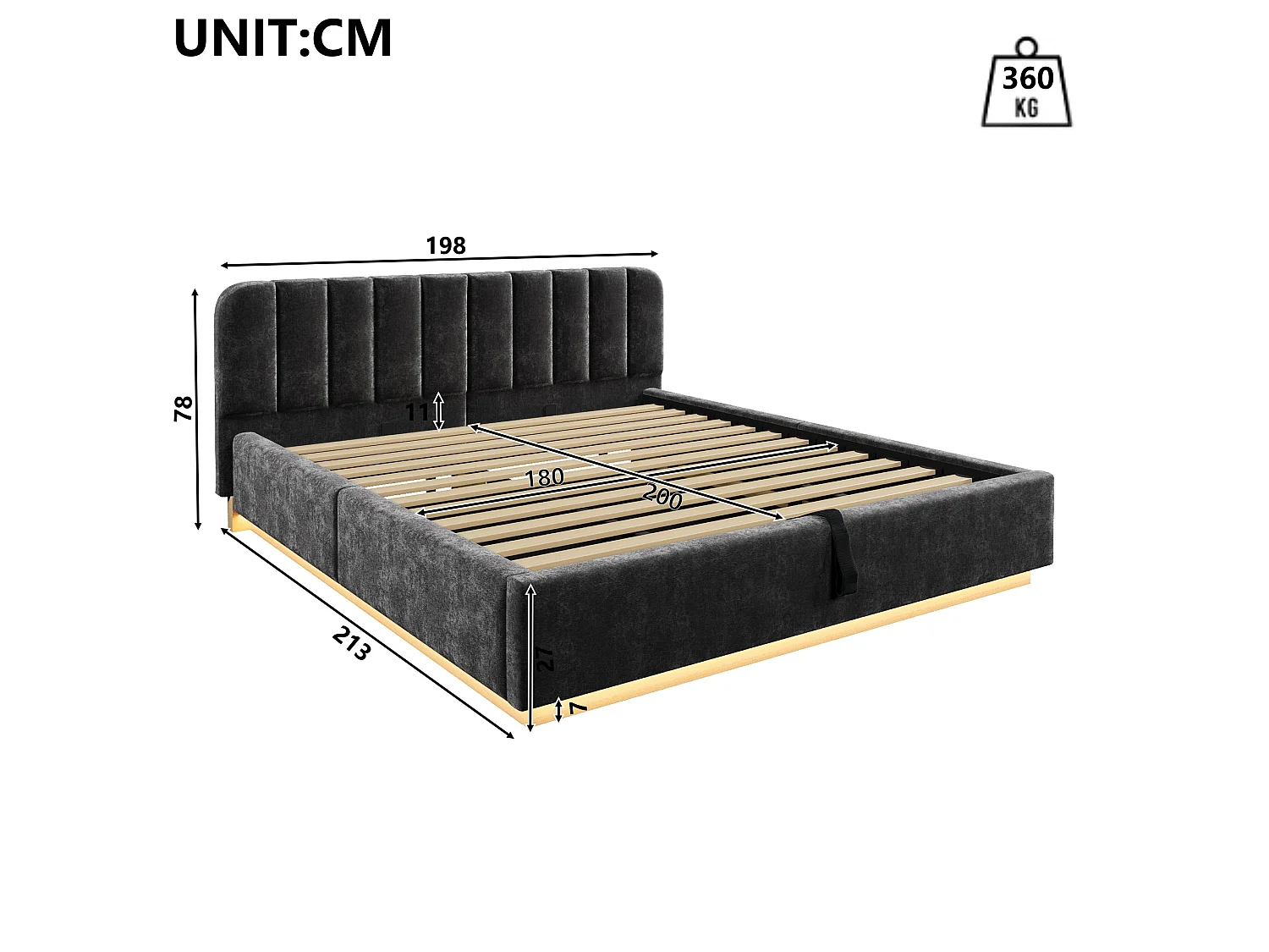 Gepolstertes Stauraumbett 180 x 200 cm - mit gepolsterter Kopfteil - mit LED-Lichtband - grau (Matratze nicht enthalten)