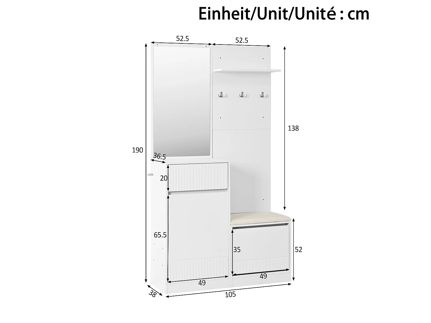 Entreegarderobeset met LED - Schoenmeubel en bank - Met spiegel en haken - 1 lade en 2 deuren - Wit