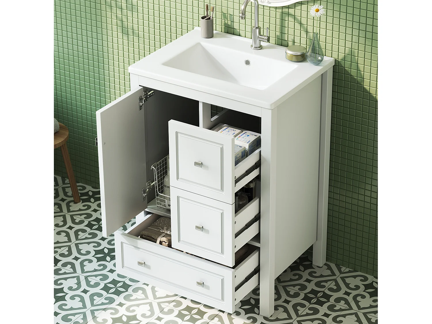 Badkamermeubel met keramische wasbak, 3 lades en 1 deur - MDF en keramiek - 62 x 47 x 90 cm - Wit