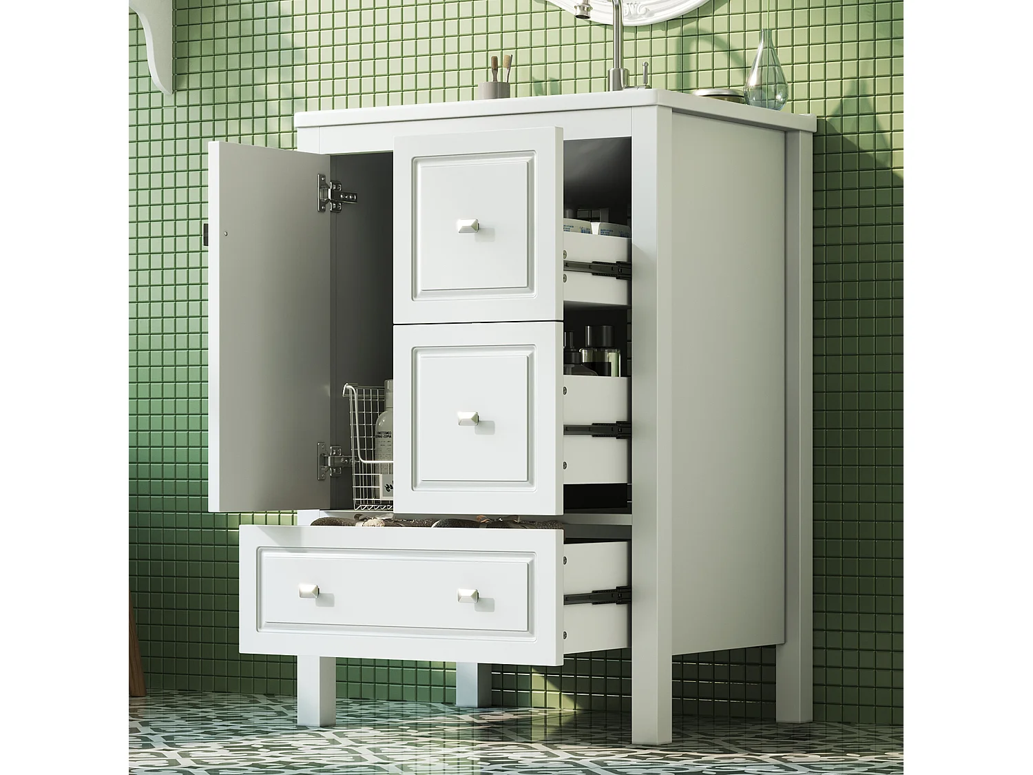 Badkamermeubel met keramische wasbak, 3 lades en 1 deur - MDF en keramiek - 62 x 47 x 90 cm - Wit