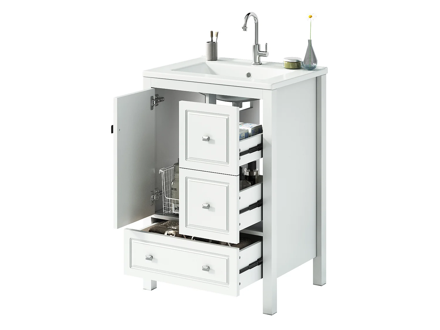 Badkamermeubel met keramische wasbak, 3 lades en 1 deur - MDF en keramiek - 62 x 47 x 90 cm - Wit