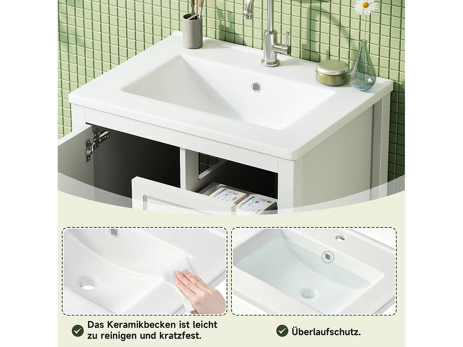 Badkamermeubel met keramische wasbak, 3 lades en 1 deur - MDF en keramiek - 62 x 47 x 90 cm - Wit