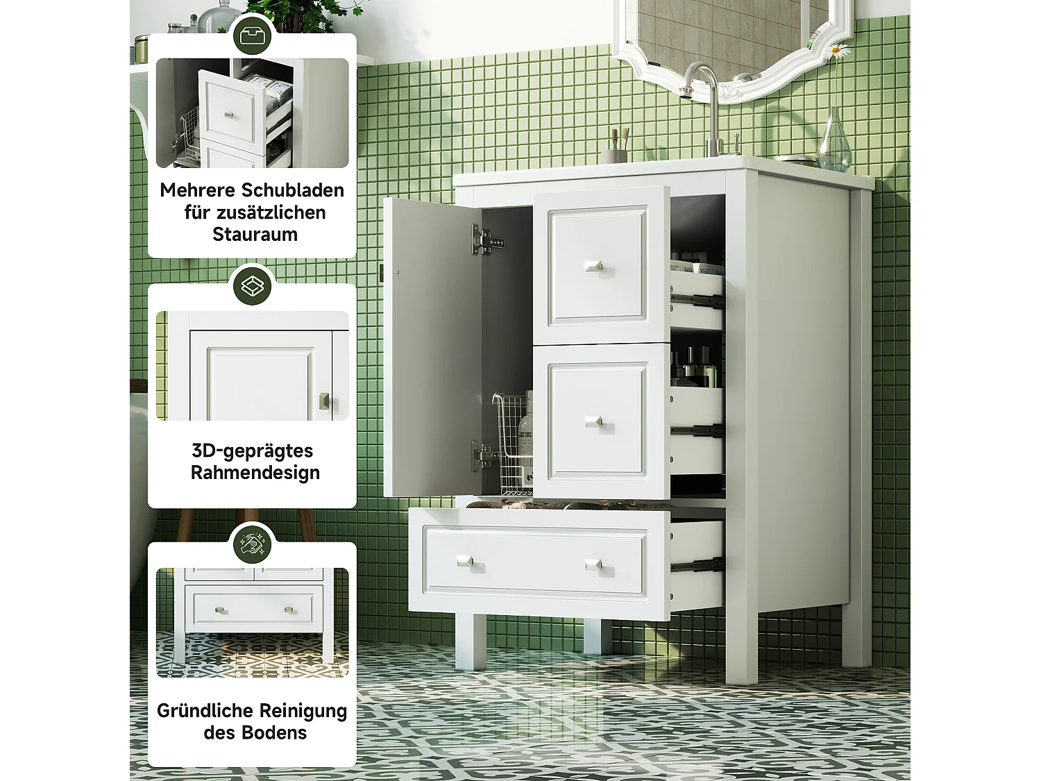 Badkamermeubel met keramische wasbak, 3 lades en 1 deur - MDF en keramiek - 62 x 47 x 90 cm - Wit