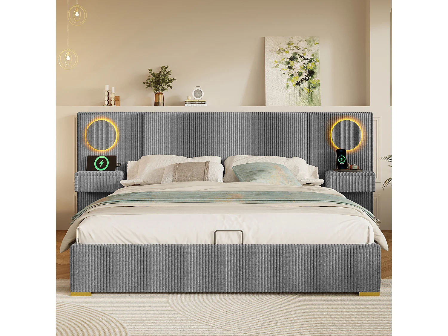 Lit coffre capitonné 180x200 cm en velours français - Avec éclairage LED intégré, port USB et 2 tiroirs de chevet - Gris(sans matelas)