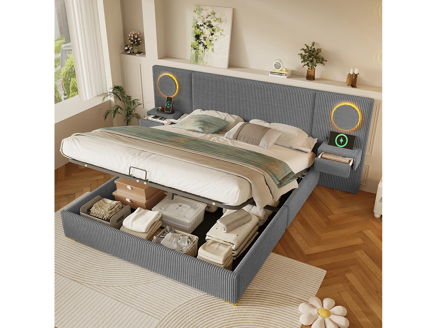 Lit coffre capitonné 180x200 cm en velours français - Avec éclairage LED intégré, port USB et 2 tiroirs de chevet - Gris(sans matelas)
