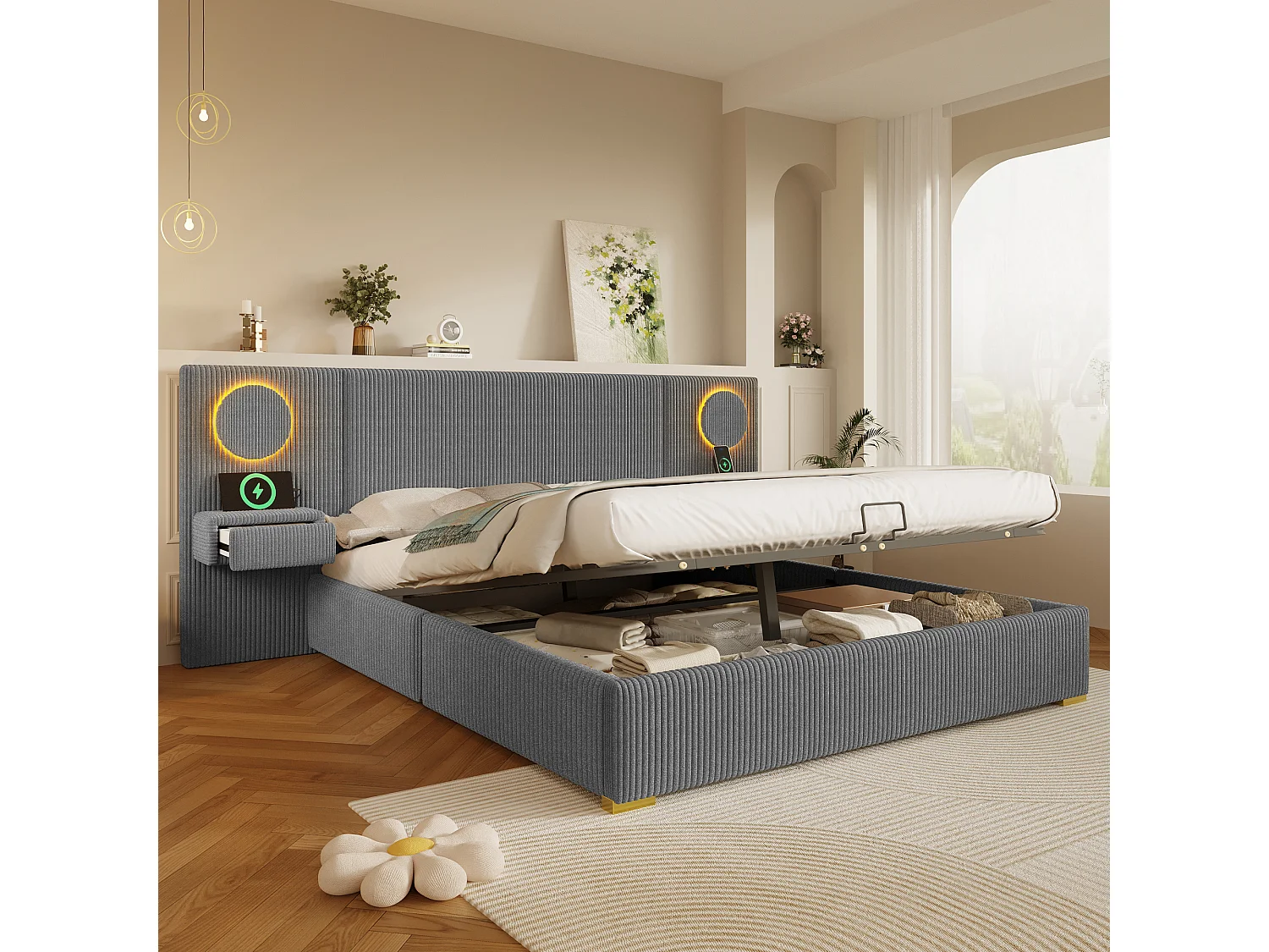 Lit coffre capitonné 180x200 cm en velours français - Avec éclairage LED intégré, port USB et 2 tiroirs de chevet - Gris(sans matelas)