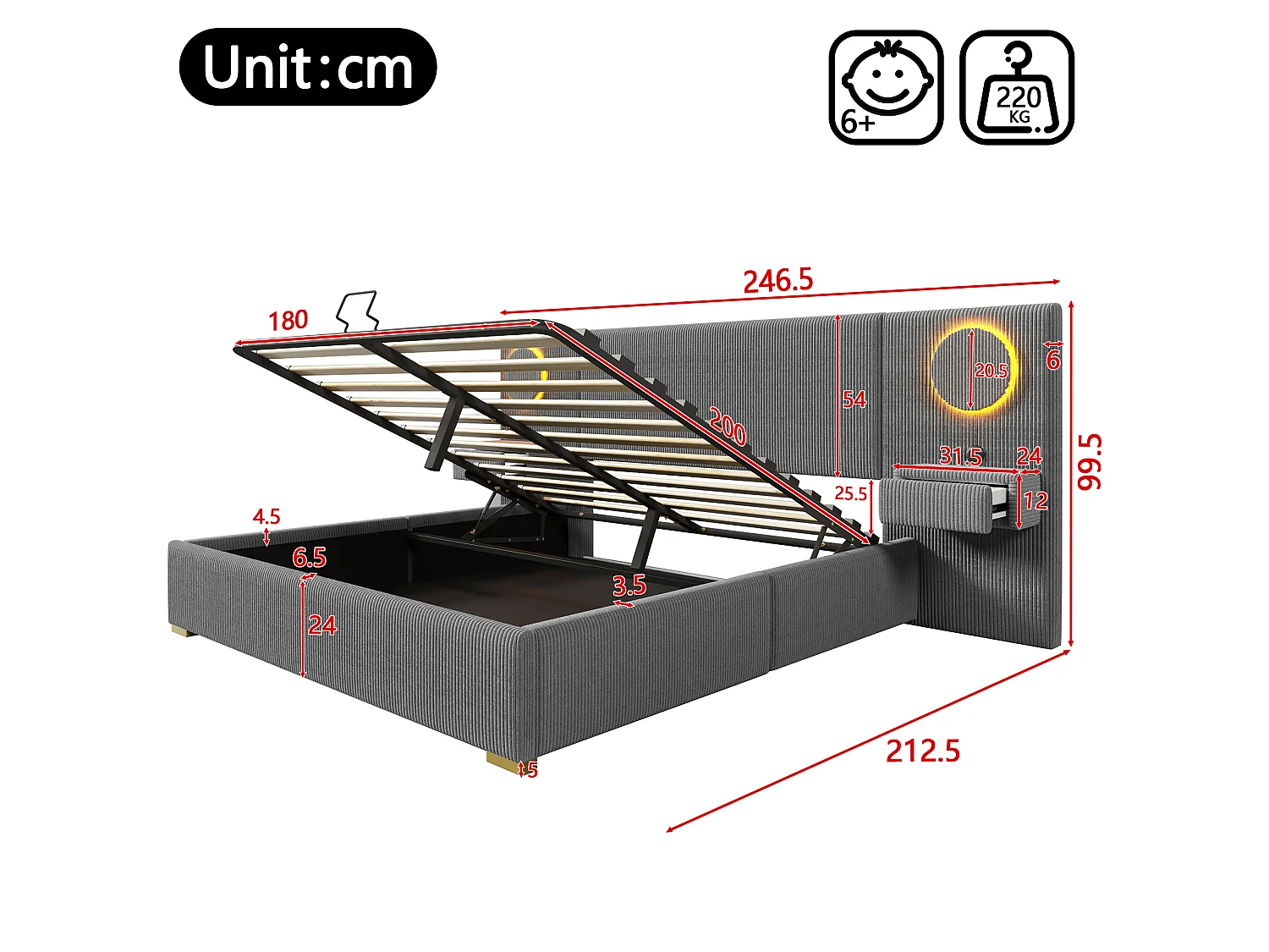 Lit coffre capitonné 180x200 cm en velours français - Avec éclairage LED intégré, port USB et 2 tiroirs de chevet - Gris(sans matelas)