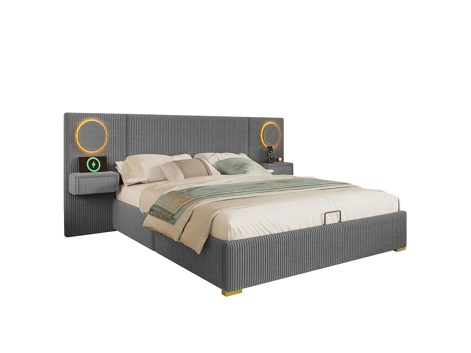 Lit coffre capitonné 180x200 cm en velours français - Avec éclairage LED intégré, port USB et 2 tiroirs de chevet - Gris(sans matelas)