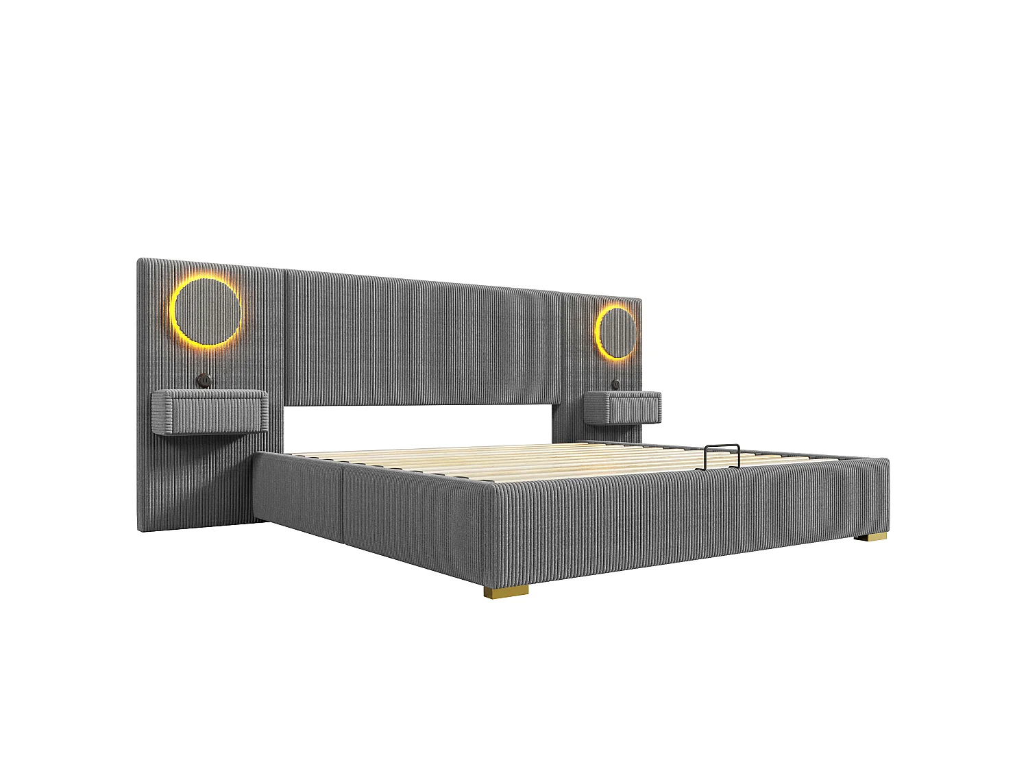 Lit coffre capitonné 180x200 cm en velours français - Avec éclairage LED intégré, port USB et 2 tiroirs de chevet - Gris(sans matelas)