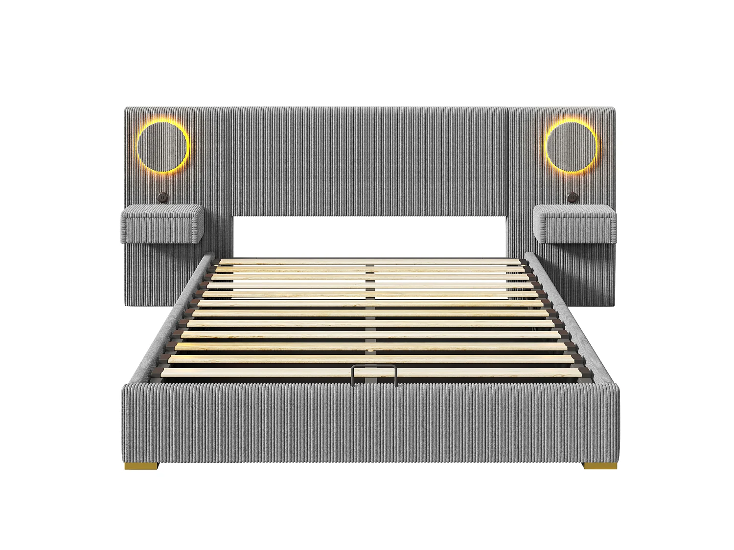Lit coffre capitonné 180x200 cm en velours français - Avec éclairage LED intégré, port USB et 2 tiroirs de chevet - Gris(sans matelas)