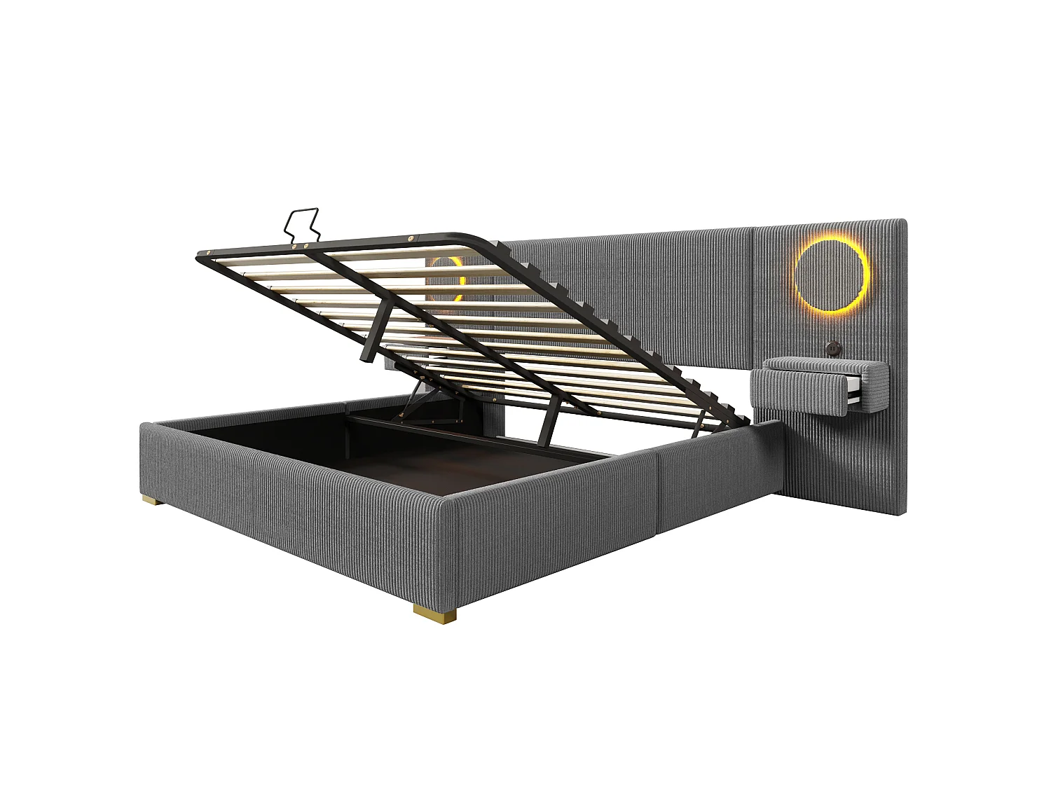 Lit coffre capitonné 180x200 cm en velours français - Avec éclairage LED intégré, port USB et 2 tiroirs de chevet - Gris(sans matelas)