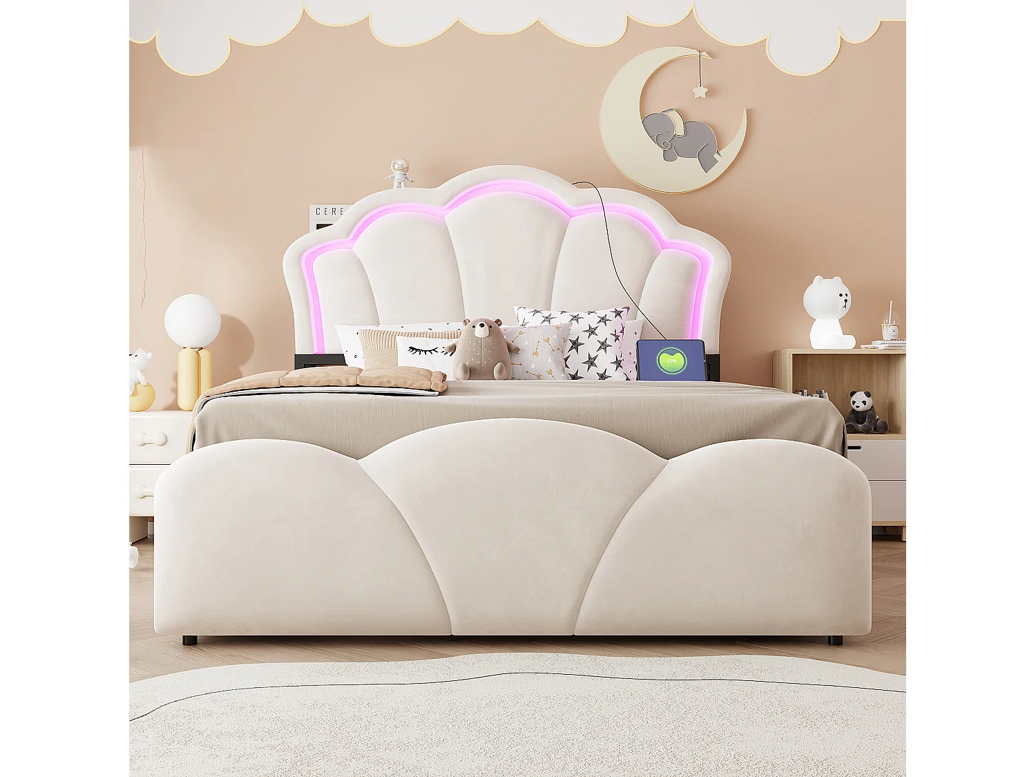 Lit coffre capitonné 140 x 200 cm - avec lumière LED - avec prise électrique intégrée - beige (matelas non inclus)