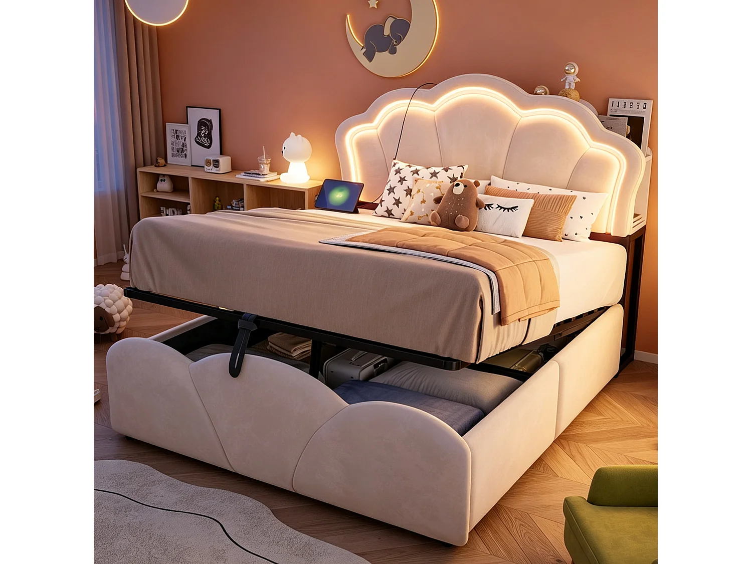Lit coffre capitonné 140 x 200 cm - avec lumière LED - avec prise électrique intégrée - beige (matelas non inclus)