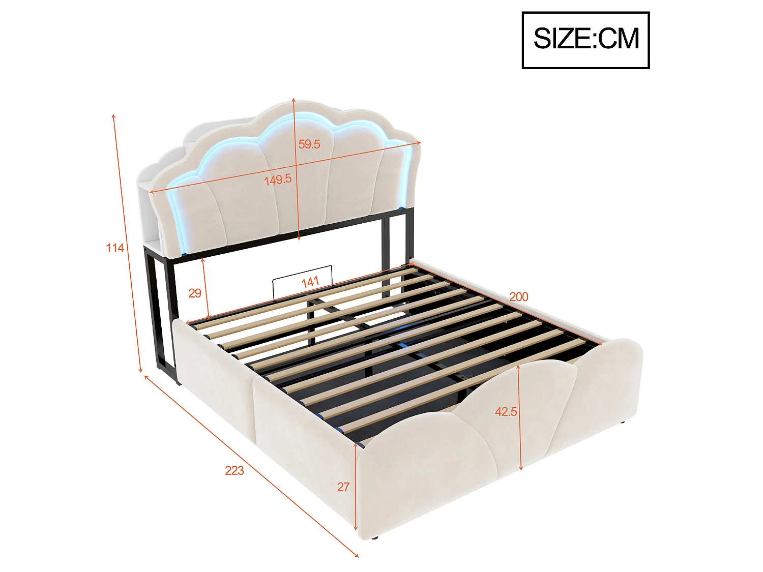 Lit coffre capitonné 140 x 200 cm - avec lumière LED - avec prise électrique intégrée - beige (matelas non inclus)