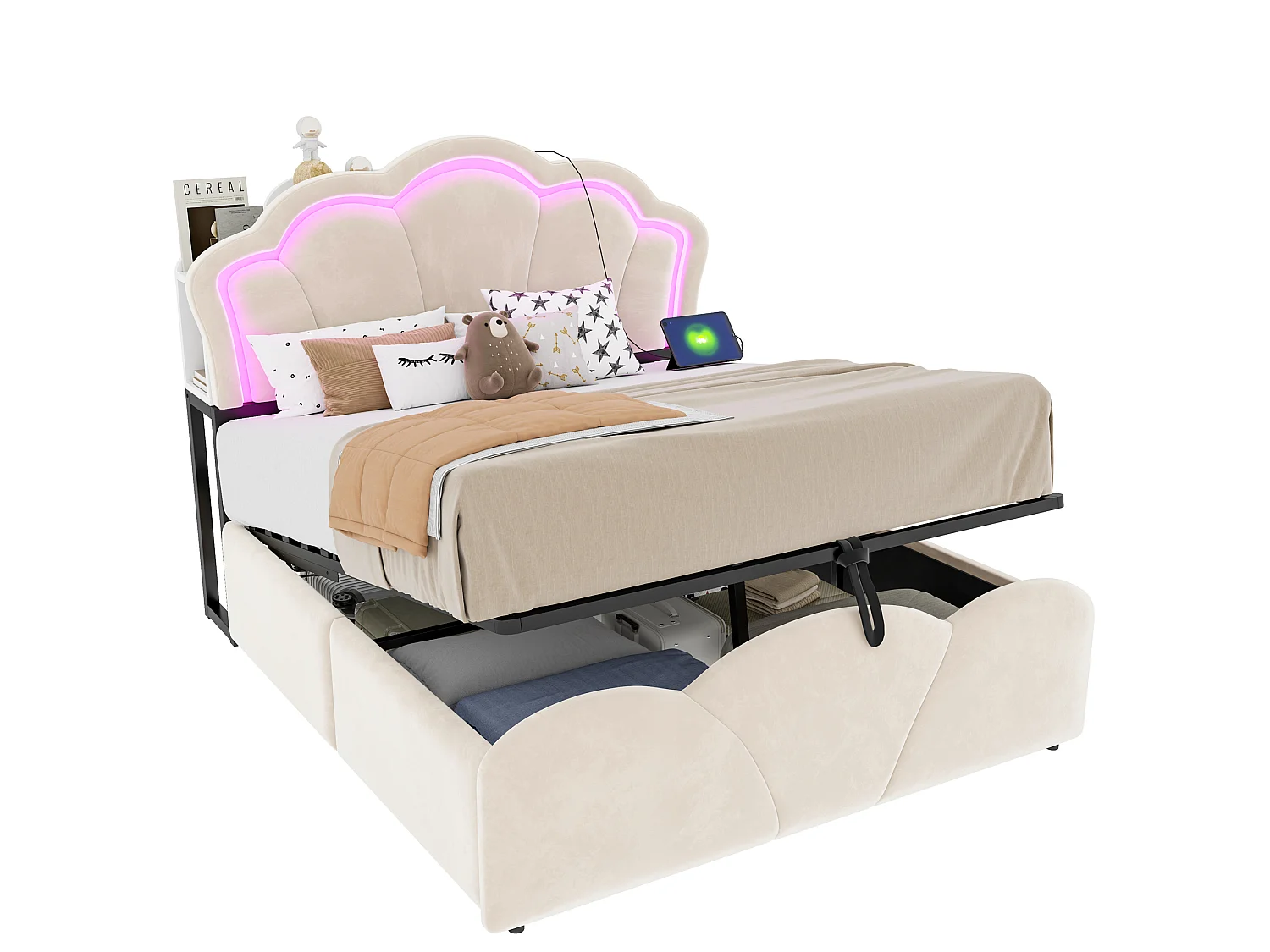 Lit coffre capitonné 140 x 200 cm - avec lumière LED - avec prise électrique intégrée - beige (matelas non inclus)