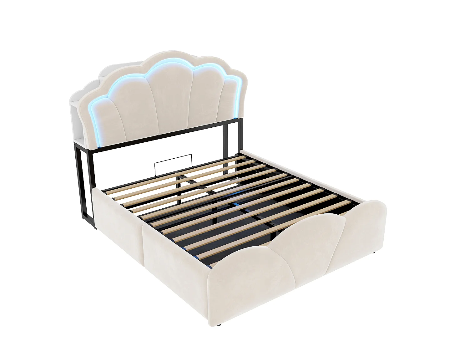 Lit coffre capitonné 140 x 200 cm - avec lumière LED - avec prise électrique intégrée - beige (matelas non inclus)