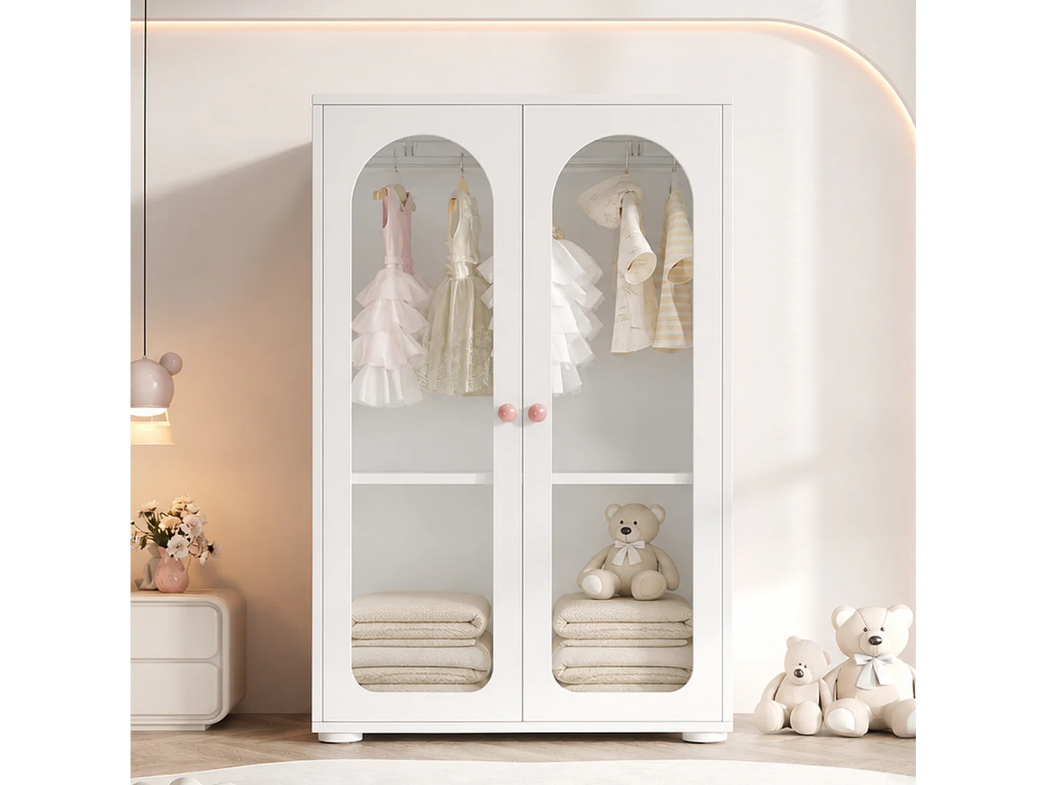 Armoire enfant 80x50x120 cm - Avec tringle - 2 portes en acrylique - Poignées en céramique - Finition peinte - Blanc