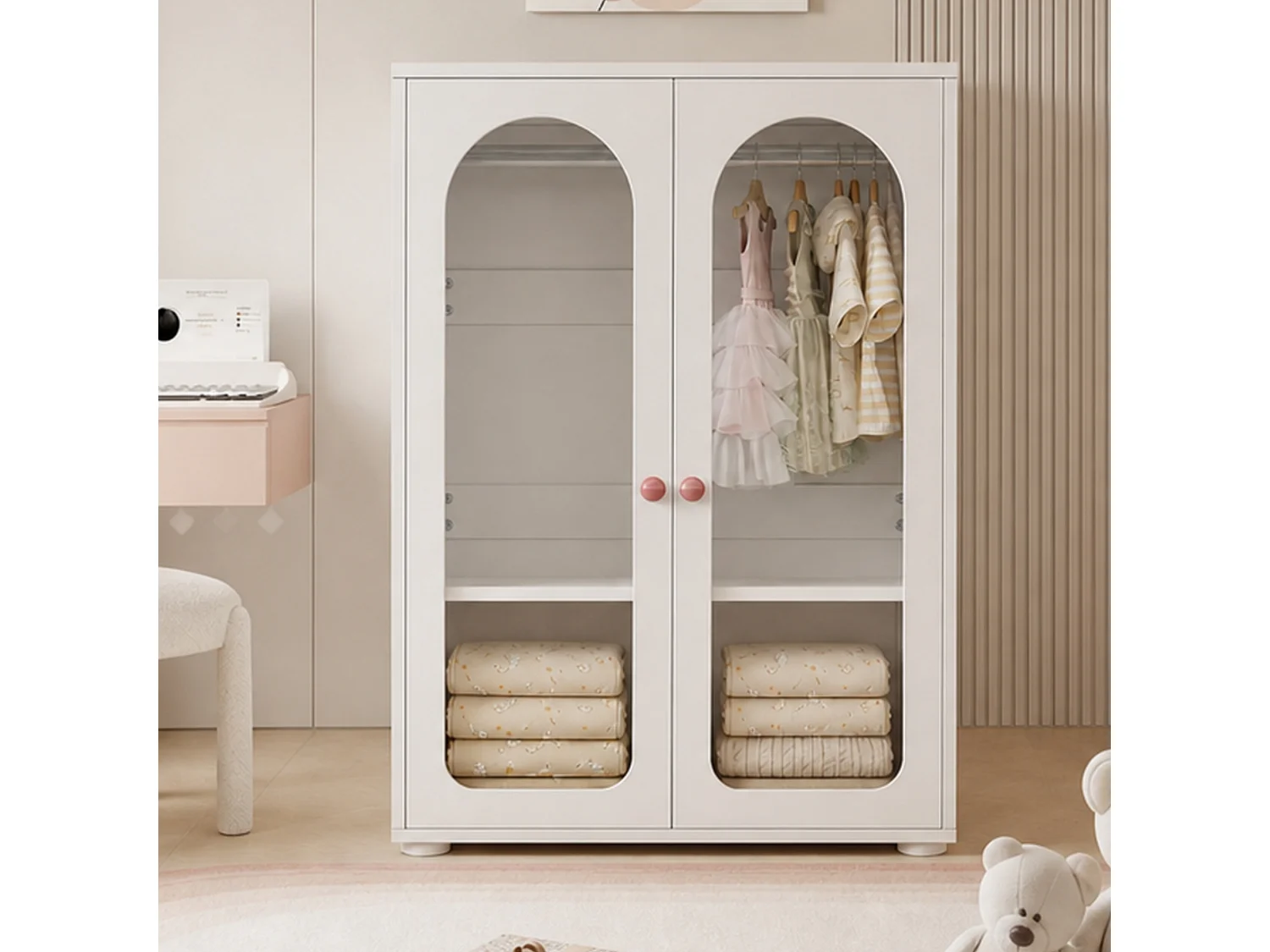 Armoire enfant 80x50x120 cm - Avec tringle - 2 portes en acrylique - Poignées en céramique - Finition peinte - Blanc