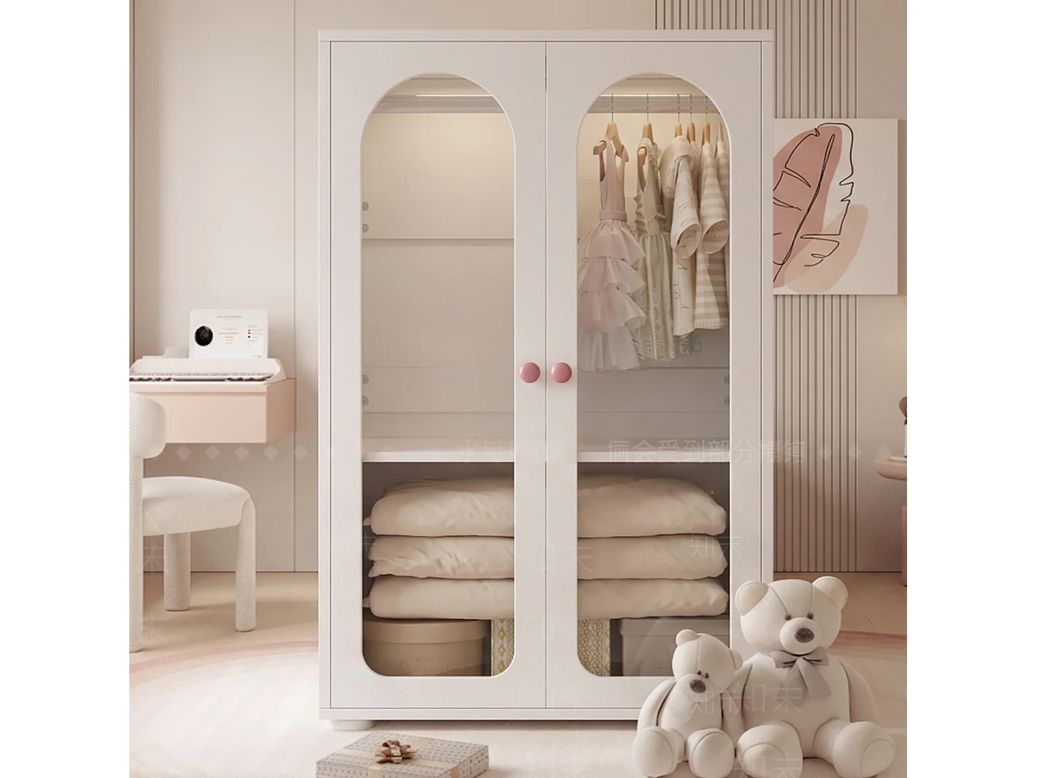 Armoire enfant 80x50x120 cm - Avec tringle - 2 portes en acrylique - Poignées en céramique - Finition peinte - Blanc