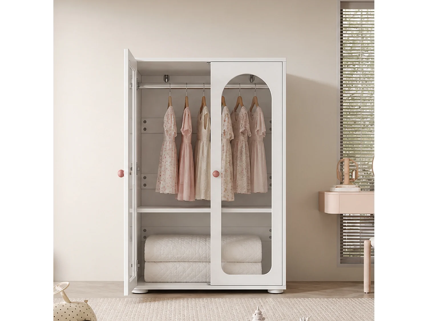 Armoire enfant 80x50x120 cm - Avec tringle - 2 portes en acrylique - Poignées en céramique - Finition peinte - Blanc