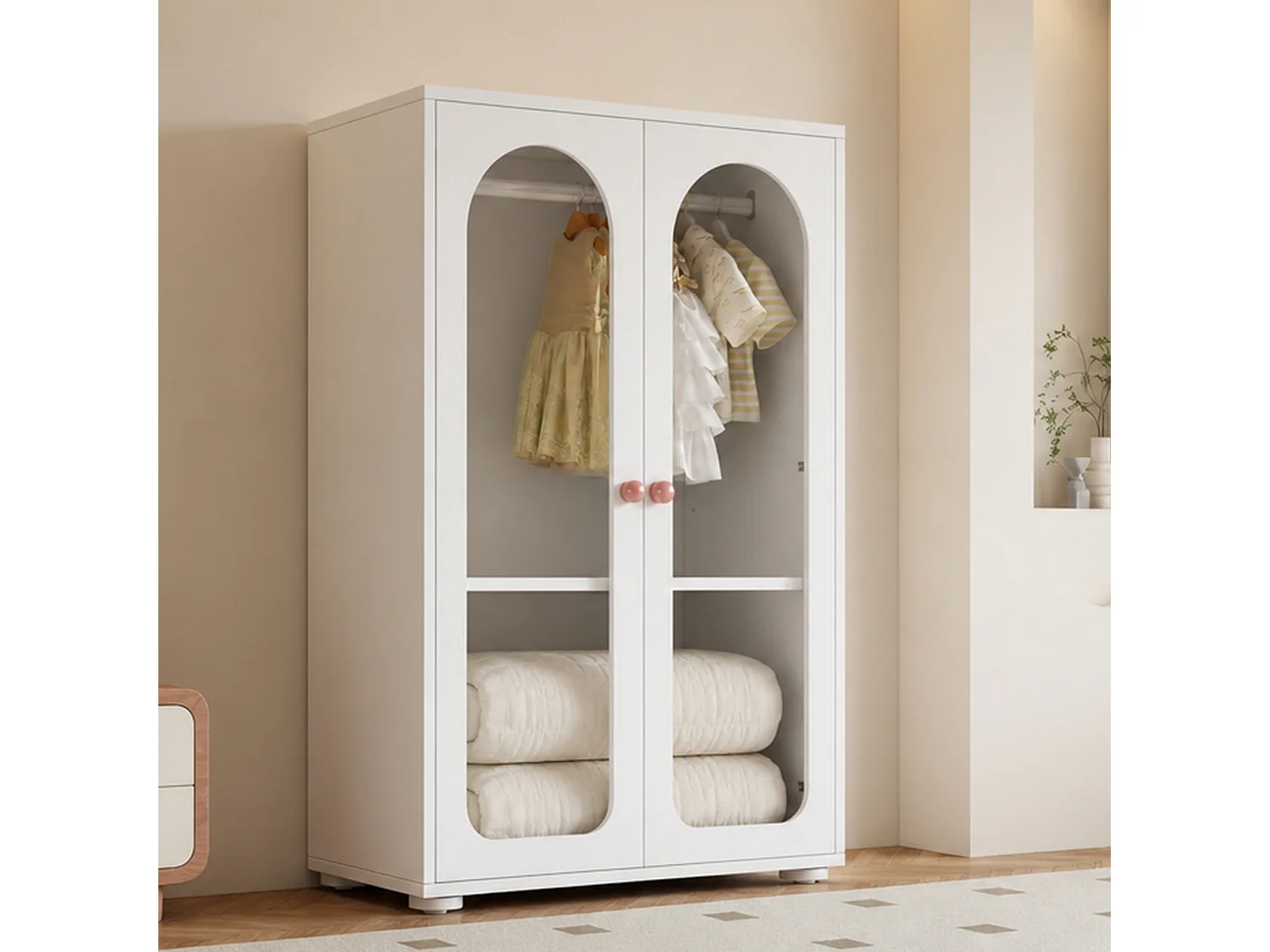 Armoire enfant 80x50x120 cm - Avec tringle - 2 portes en acrylique - Poignées en céramique - Finition peinte - Blanc
