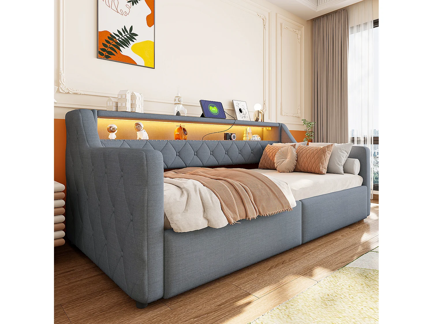 Sovesofa med opbevaringskasse 90 × 200 cm - med LED-lysbånd - med USB + Type-C-interface - linnedstof - grå (madras ikke inkluderet)