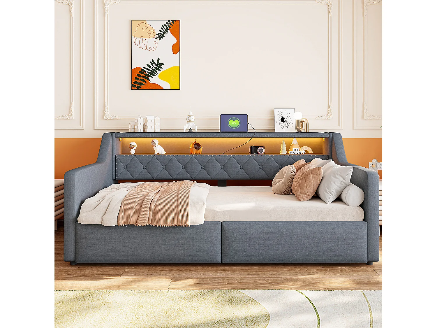 Sovesofa med opbevaringskasse 90 × 200 cm - med LED-lysbånd - med USB + Type-C-interface - linnedstof - grå (madras ikke inkluderet)