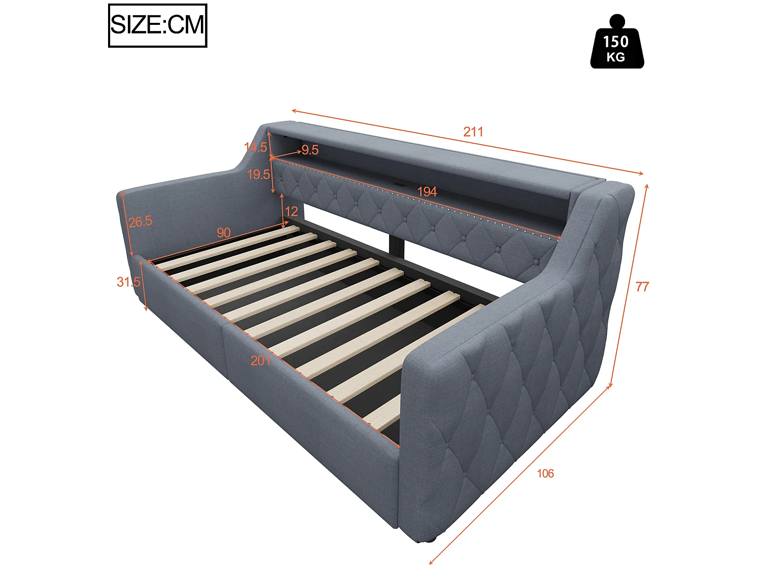 Sovesofa med opbevaringskasse 90 × 200 cm - med LED-lysbånd - med USB + Type-C-interface - linnedstof - grå (madras ikke inkluderet)
