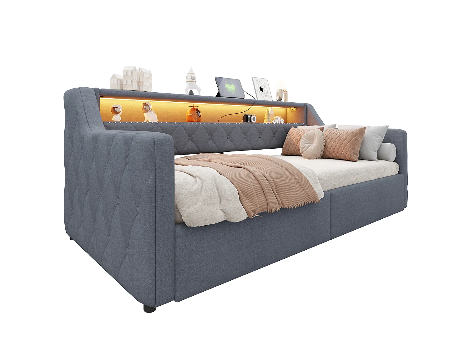 Sovesofa med opbevaringskasse 90 × 200 cm - med LED-lysbånd - med USB + Type-C-interface - linnedstof - grå (madras ikke inkluderet)
