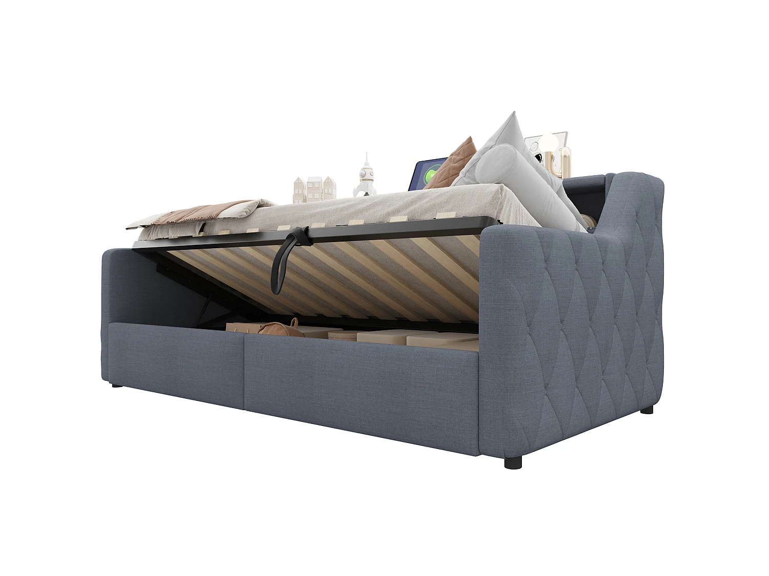 Sovesofa med opbevaringskasse 90 × 200 cm - med LED-lysbånd - med USB + Type-C-interface - linnedstof - grå (madras ikke inkluderet)