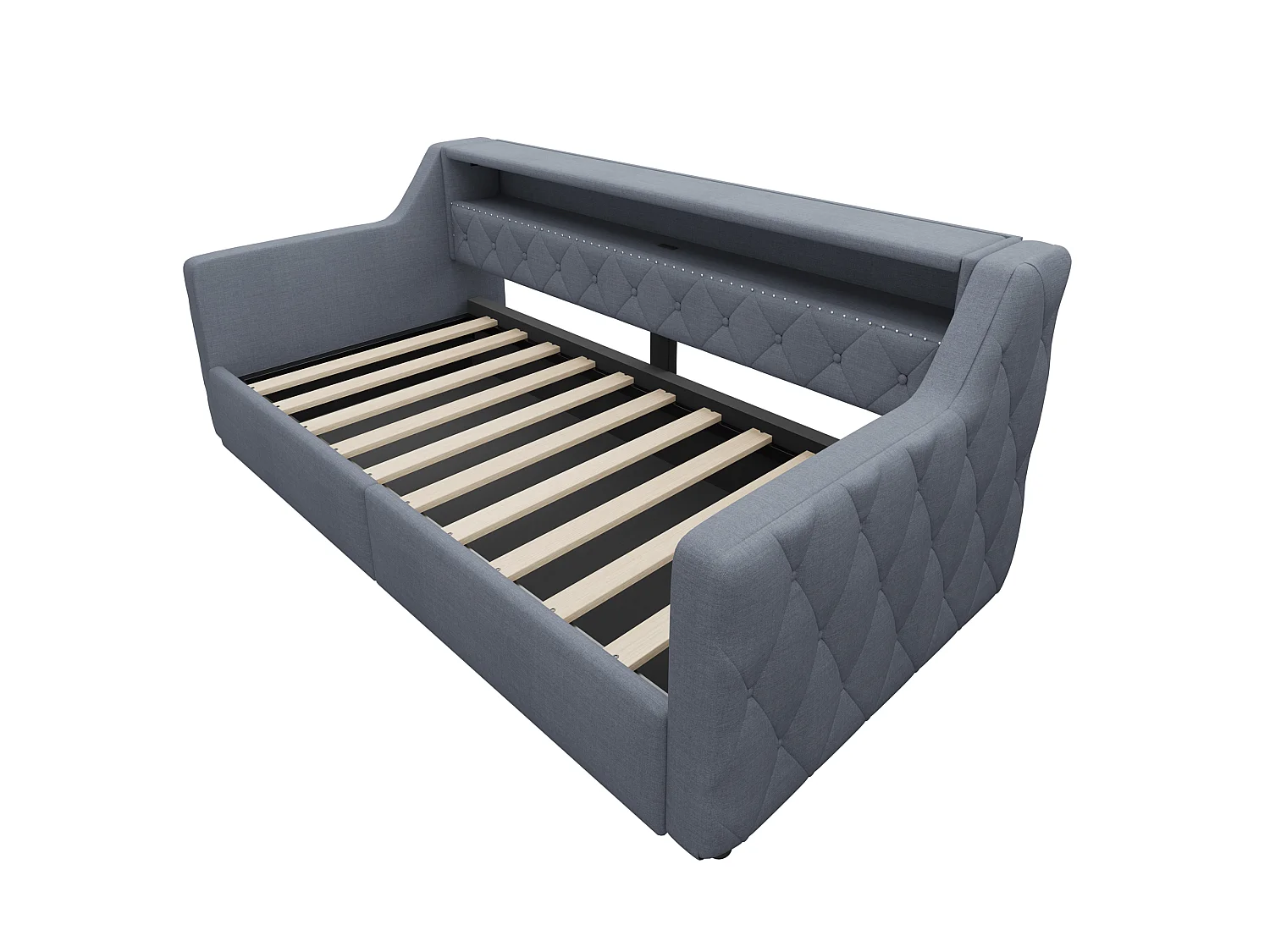 Sovesofa med opbevaringskasse 90 × 200 cm - med LED-lysbånd - med USB + Type-C-interface - linnedstof - grå (madras ikke inkluderet)