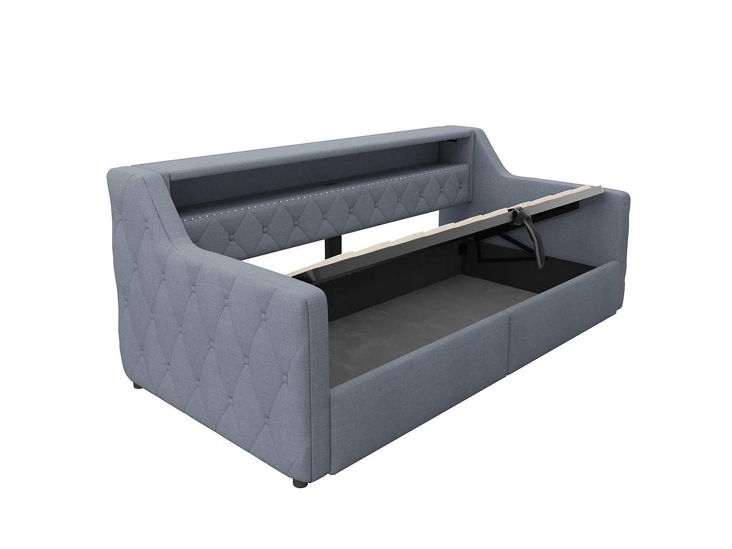 Sovesofa med opbevaringskasse 90 × 200 cm - med LED-lysbånd - med USB + Type-C-interface - linnedstof - grå (madras ikke inkluderet)