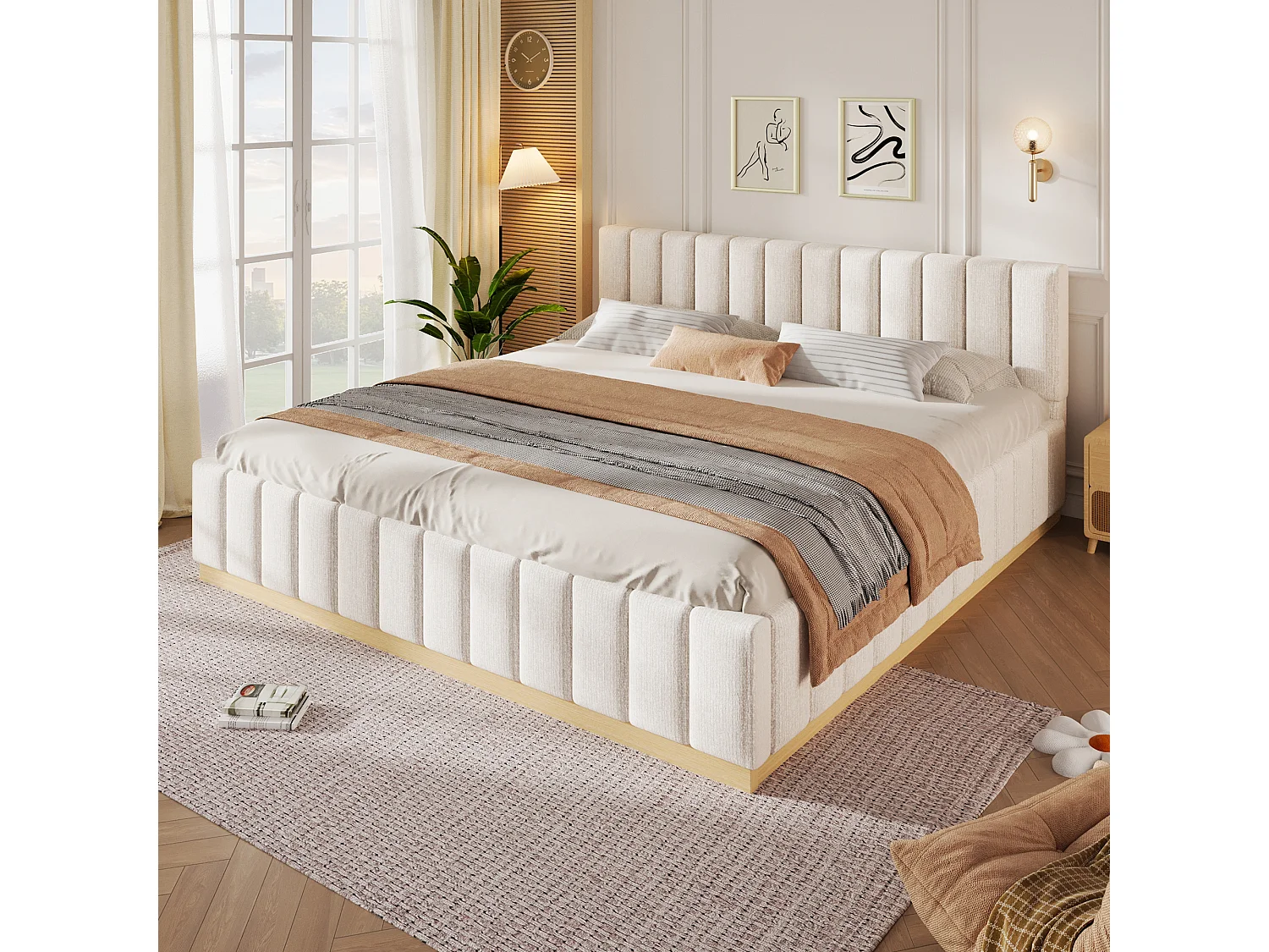 Lit double capitonné 180 x 200 cm - sommier à lattes - avec tête de lit - beige (matelas non inclus)